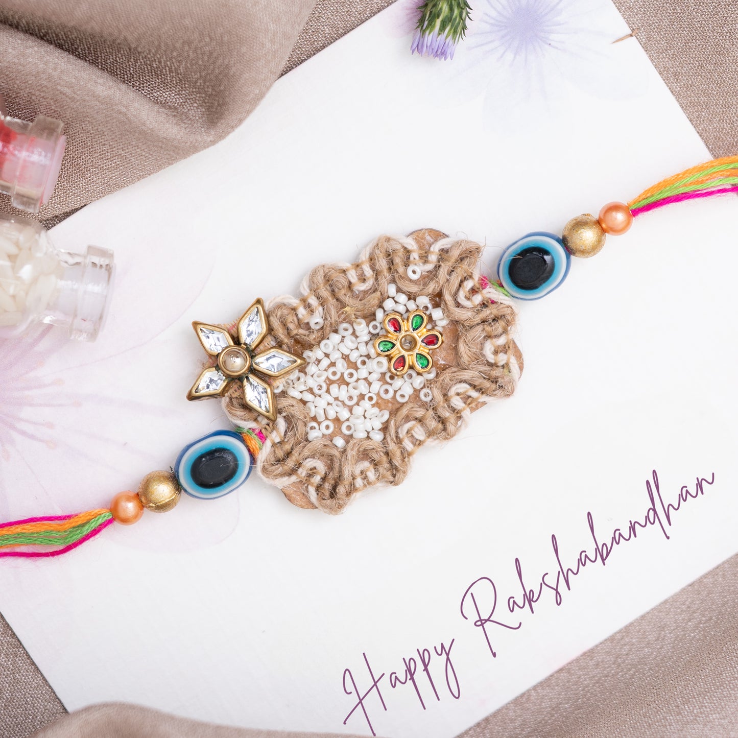 Handmade Jute Evil Eye Aesthetic Rakhi With Roli Chawal Set