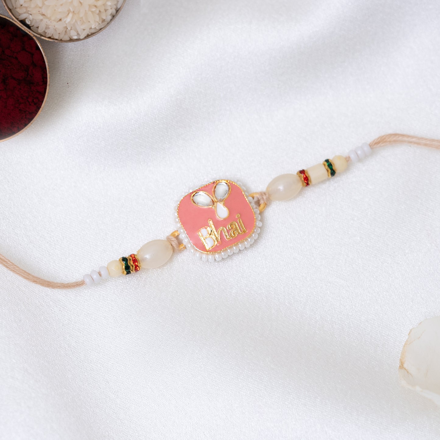 Bhai Rakhi Pair in Soft Peach & Green with Engraving With Roli Chawal Set