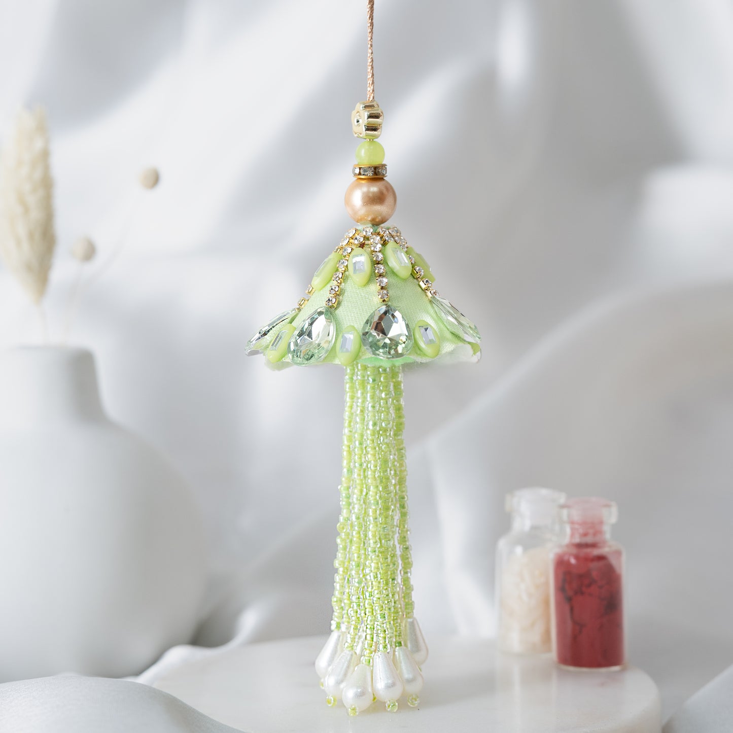 Green Stone Tassel Lumba With Roli Chawal Set