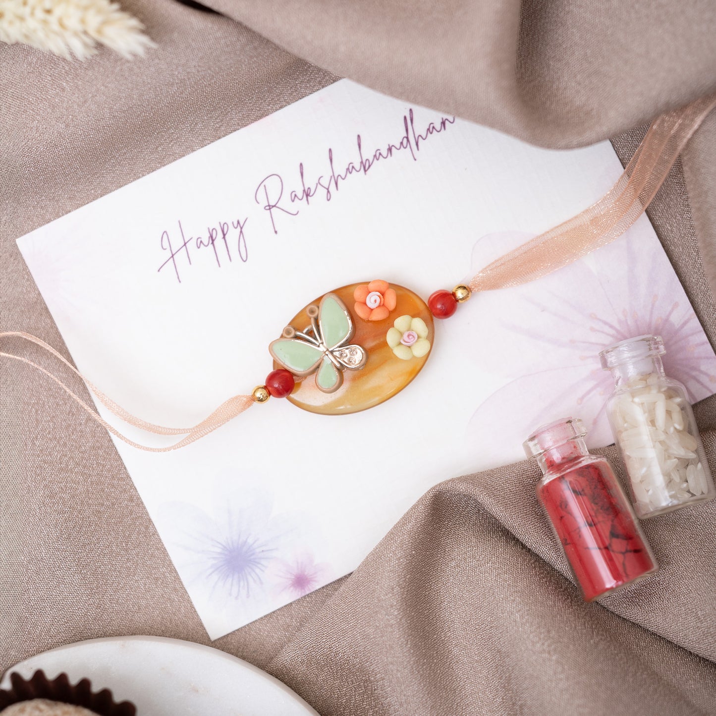 Resin Butterfly Rakhi With Roli Chawal Set