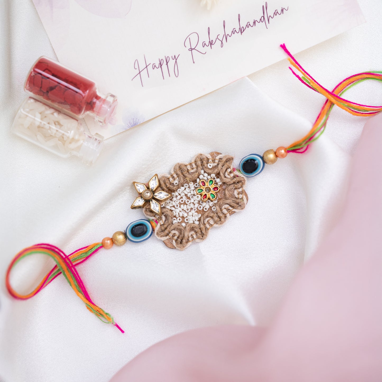 Handmade Jute Evil Eye Aesthetic Rakhi With Roli Chawal Set
