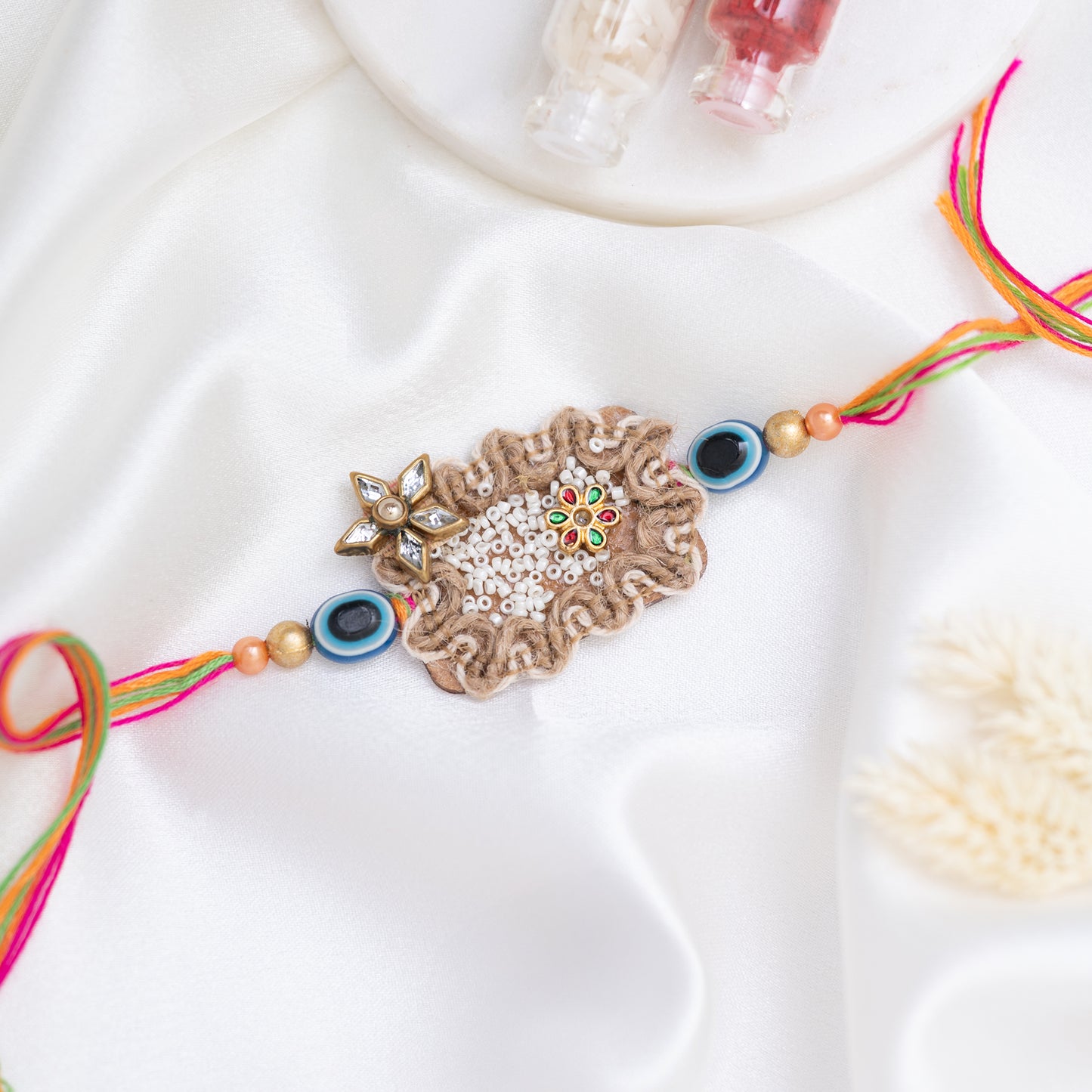 Handmade Jute Evil Eye Aesthetic Rakhi With Roli Chawal Set