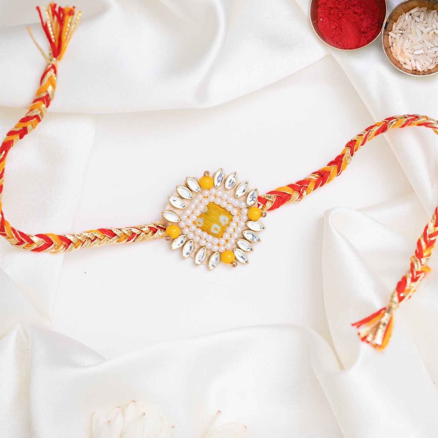 Kundan Karigari Bandhej Rakhi With Roli Chawal Set