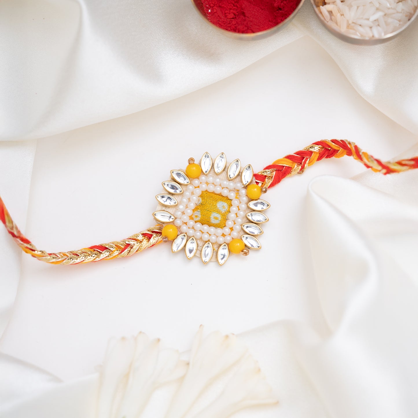 Kundan Karigari Bandhej Rakhi With Roli Chawal Set