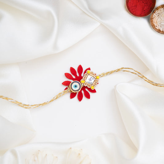 Red Leafy Diamond Cut Evil Eye Rakhi With Rol Chawal Set