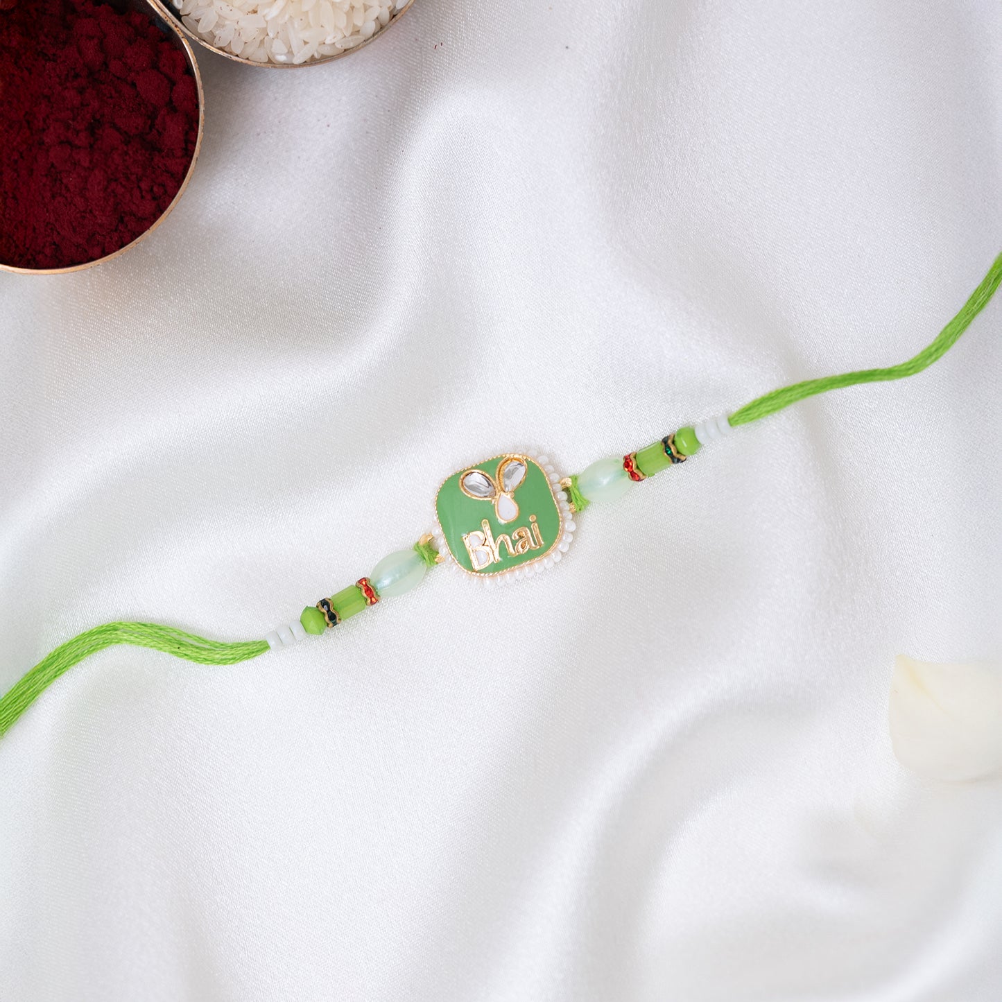 Bhai Rakhi Pair in Soft Peach & Green with Engraving With Roli Chawal Set