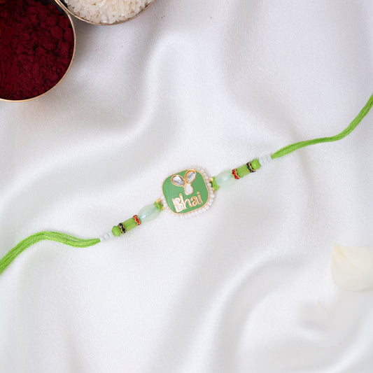 Engraved Bhai Rakhi in Green with Pearls with Roli Chawal Set