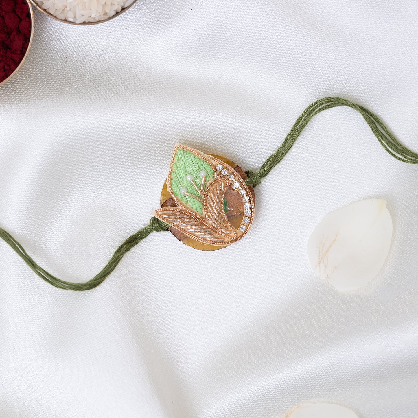 Green Floral Resin Rakhi with Roli Chawal Set