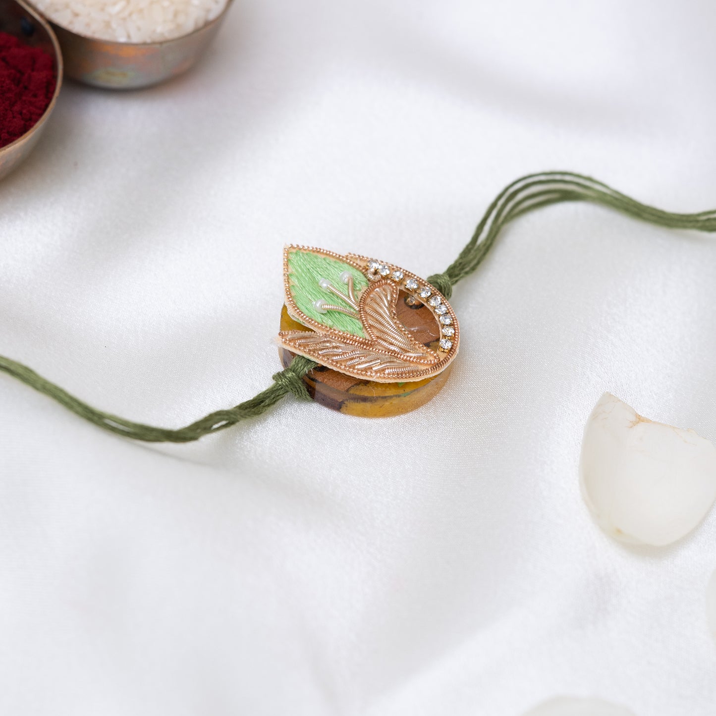 Green Floral Resin Rakhi with Roli Chawal Set