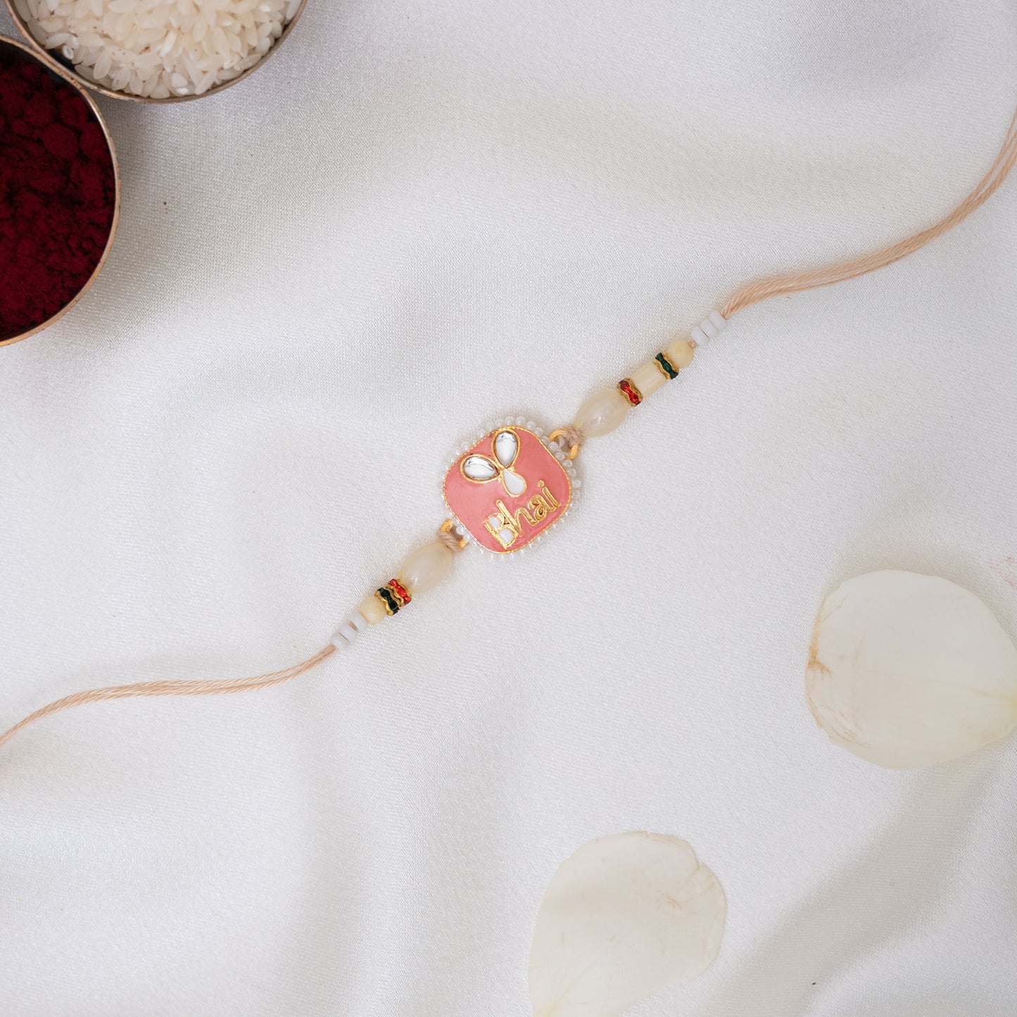 Bhai Rakhi Pair in Soft Peach & Green with Engraving With Roli Chawal Set