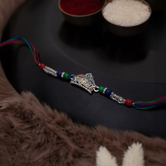 Jai Shree Shyam Bhai Rakhi in Antique Silver with Roli Chawal Set