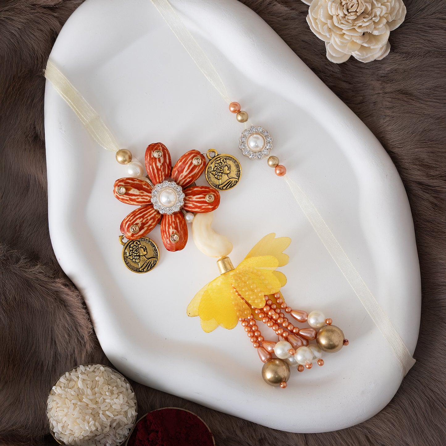 Cashew-Almond Bhai-Bhabhi Set in Vintage Finish With Roli Chawal Set