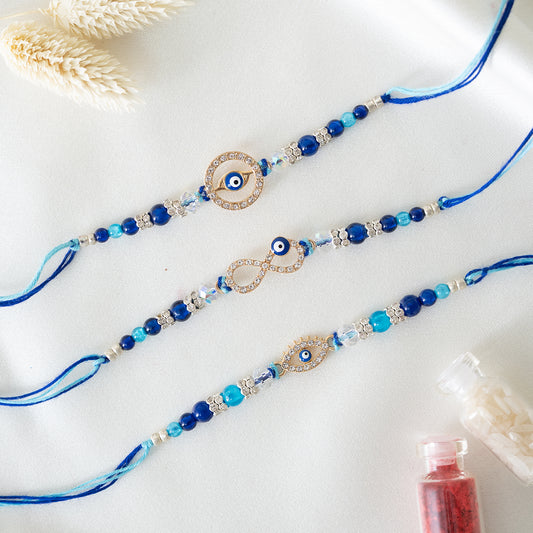 Evil Eye Stone-Studded Rakhi Set of 3 With Roli Chawal Set