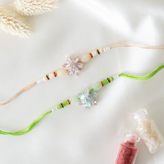 Crystal Blossom Rakhi. Set of 2 With Roli Chawal Set
