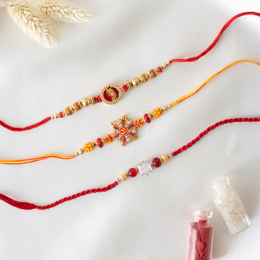 Regal Red Bhai Rakhi. Set of 3 With Roli Chawal Set