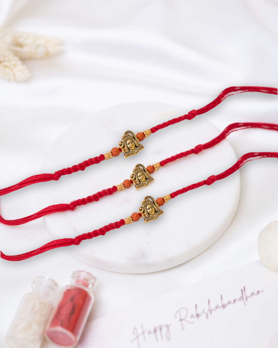 Minimal Antique Shiva Rakhi set of 3 with roli chawal set