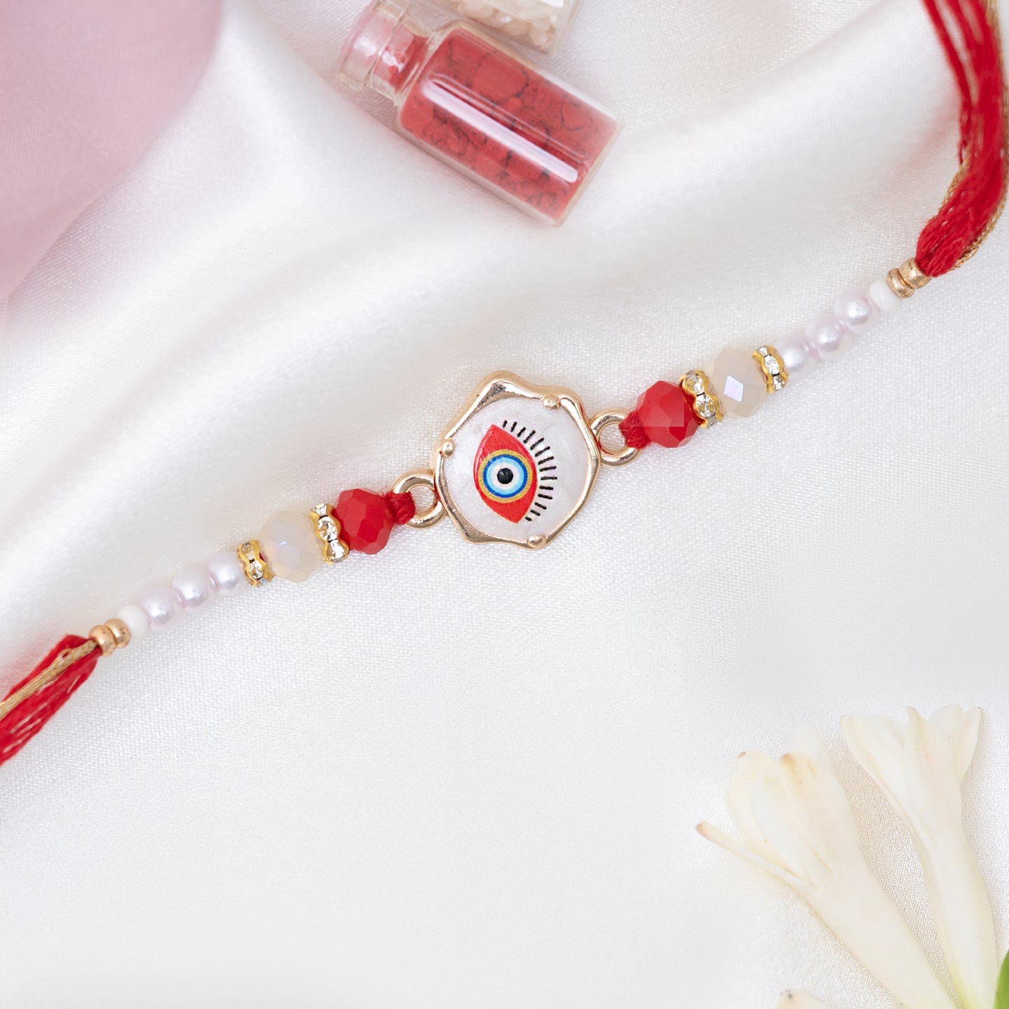 Red Evil Eye Marble Rakhi With Roli Chawal Set