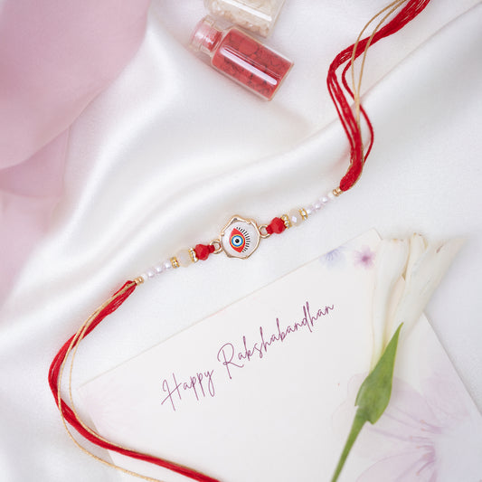 Red Evil Eye Marble Rakhi With Roli Chawal Set
