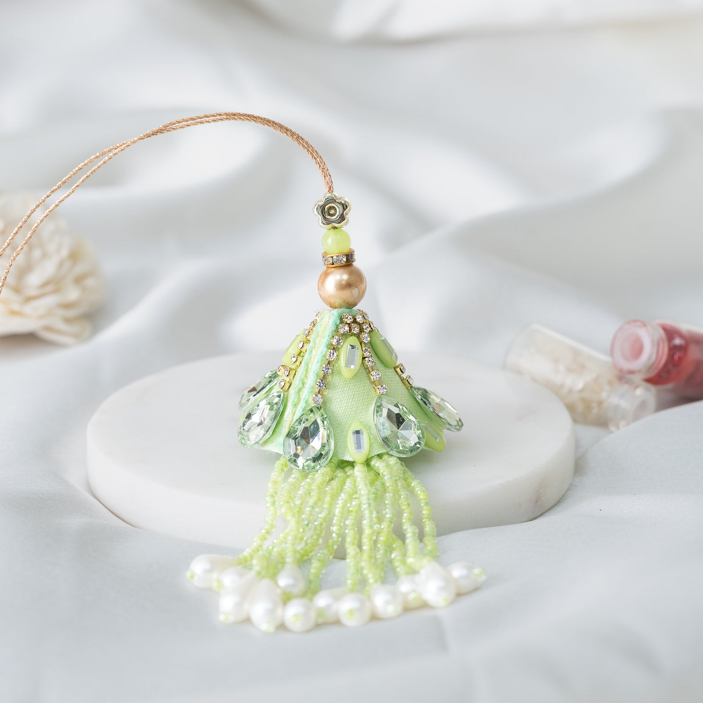 Green Stone Tassel Lumba With Roli Chawal Set