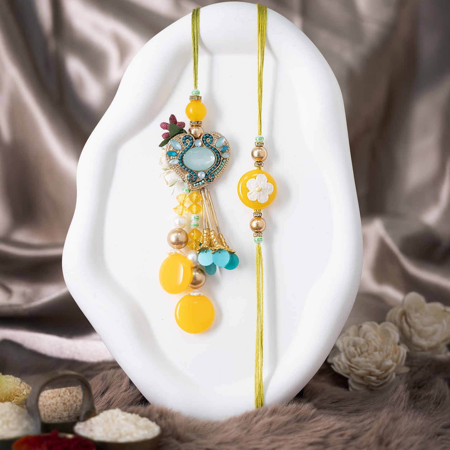 Bhai-Bhabhi Set with Handcrafted Yellow-Blue Detailing With Roli Chawal Set