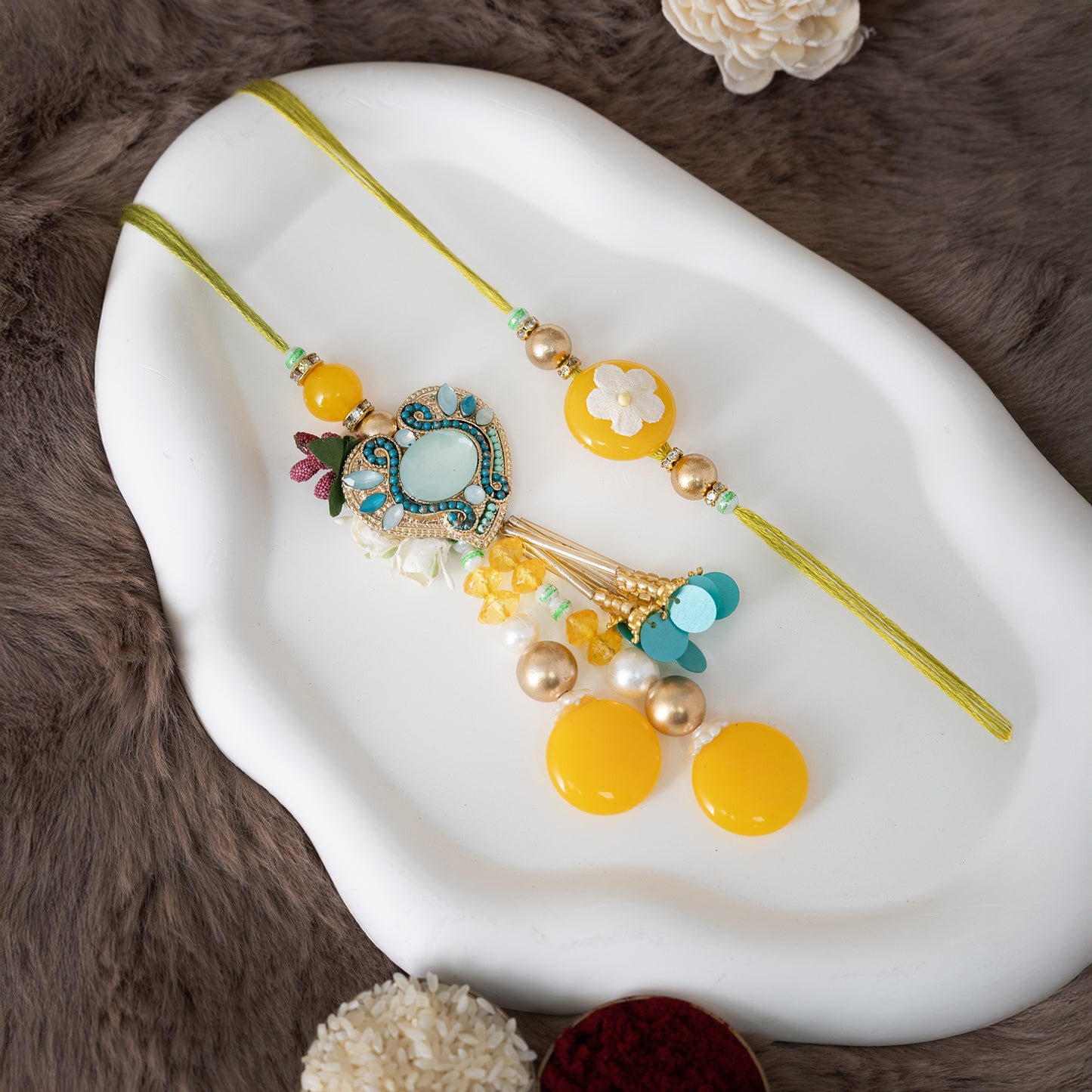 Bhai-Bhabhi Set with Handcrafted Yellow-Blue Detailing With Roli Chawal Set